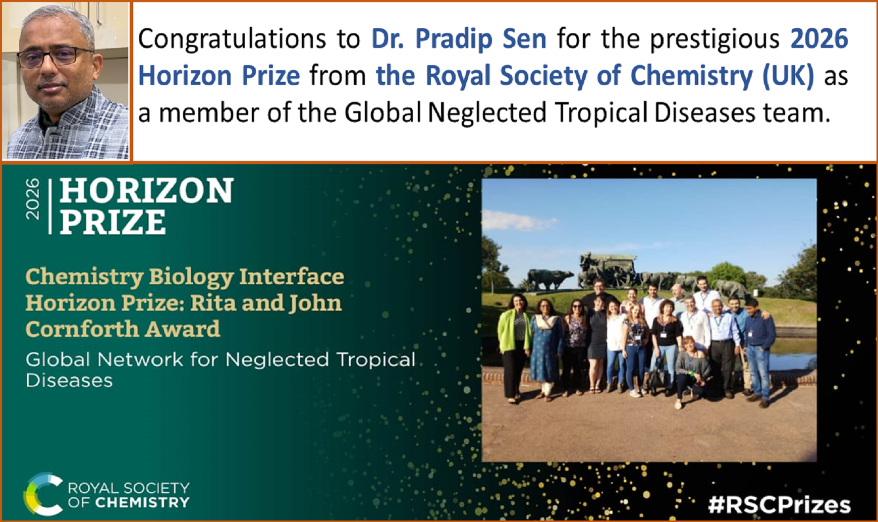 Dr Pradip Sen received 2026 Horizon Prize from the Royal Society of Chemistry (RSC) for his research on Visceral Leishmaniasis